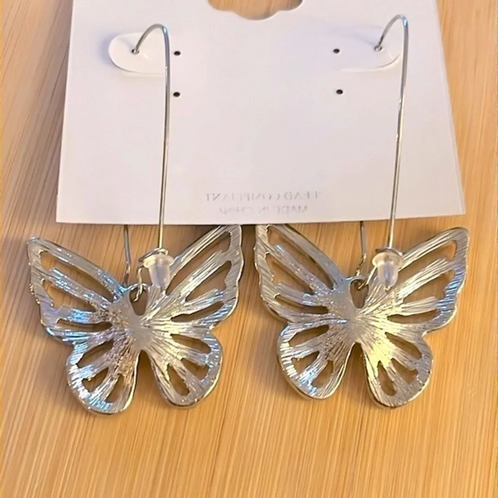 Brand New Natasha Rhinestone Butterfly Silver Tone Drop Earrings Sparkly